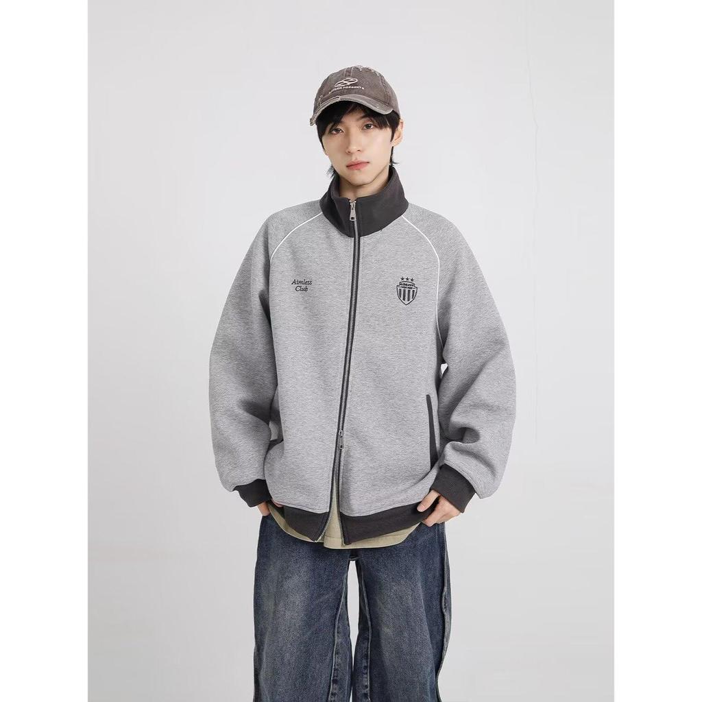 Spring Retro Color Block Raglan Sleeve Casual Jacket with Stand Collar