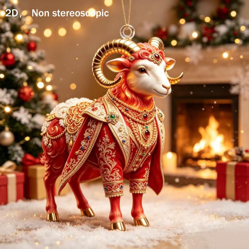 2D Red Golden Ram Christmas Hanging Ornament With Exquisite Details Glossy Finish For Christmas Tree Home Holiday Party Decorati