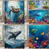 Ocean World Dolphins And Sharks Shower Curtain, Underwater World Bathroom Decorative Curtain, Printed Home Curtain With Hooks