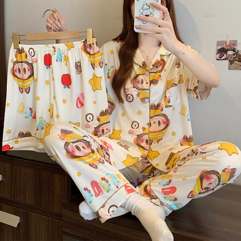 

Milk Huhu Women S Pajamas Spring And Summer Thin Short-Sleeved Three-Piece Suit Girl Casual Loungewear M