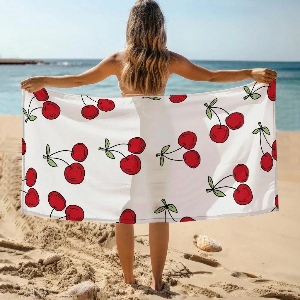 Red Cherry Print Quick Dry Lightweight Breathable Comfortable Beach Towel For Summer Pool And Outdoor Activities