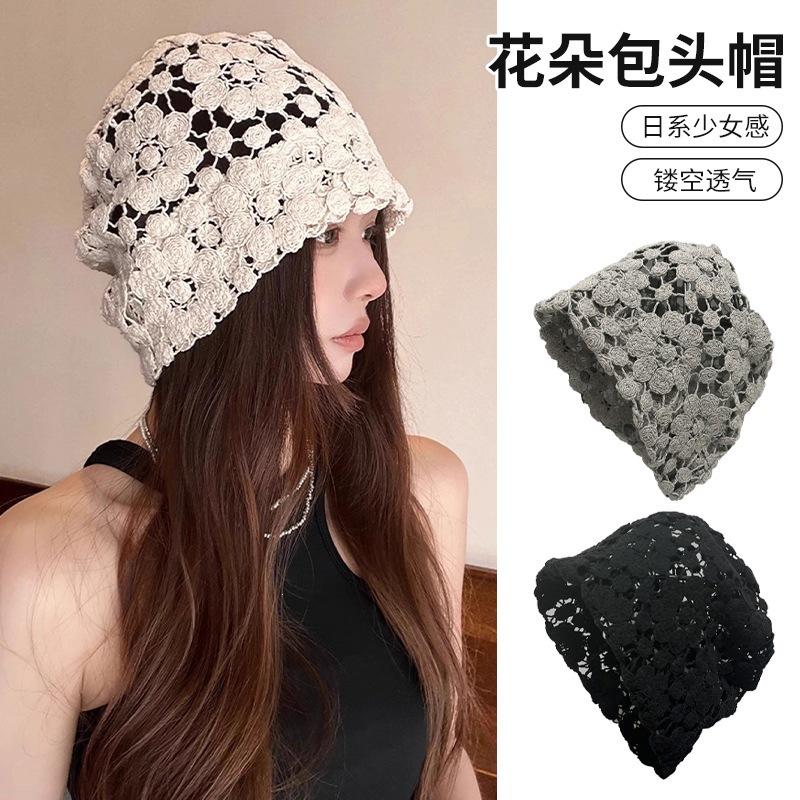 Flower Baotou Hat Hollow Knitted Hat Stacking Hat Big Head Circumference Literary Girl Spring and Summer Thin Breathable Hat