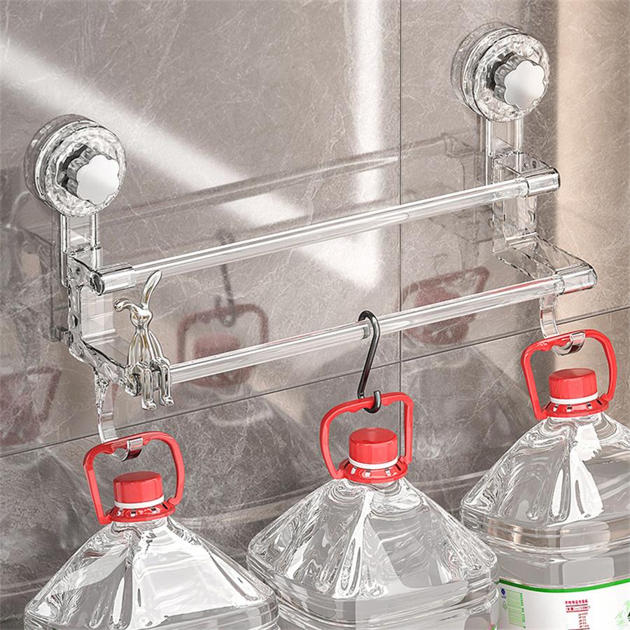 1pc Dual Pole Suction Cup Towel Rack for Household Bathroom Towel Storage with Hooks, Suitable for Both Dry and Wet Towels, Ligh