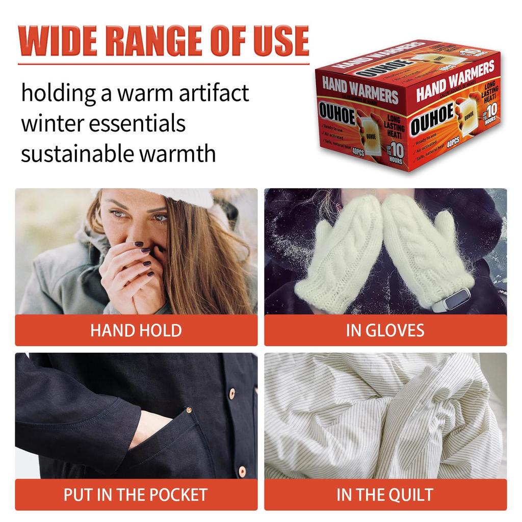 OUHOE Hand Warmer Set Instant Heat Activation Warm Hands & Ward Off Cold Long-Lasting Heat Retention Suitable for Whole Body Use 40pcs