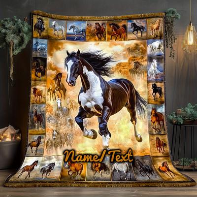 Personalized Horse Blanket Soft Flannel Throw with Majestic Black & White Horse Design, Lightweight & Warm for Home, Travel