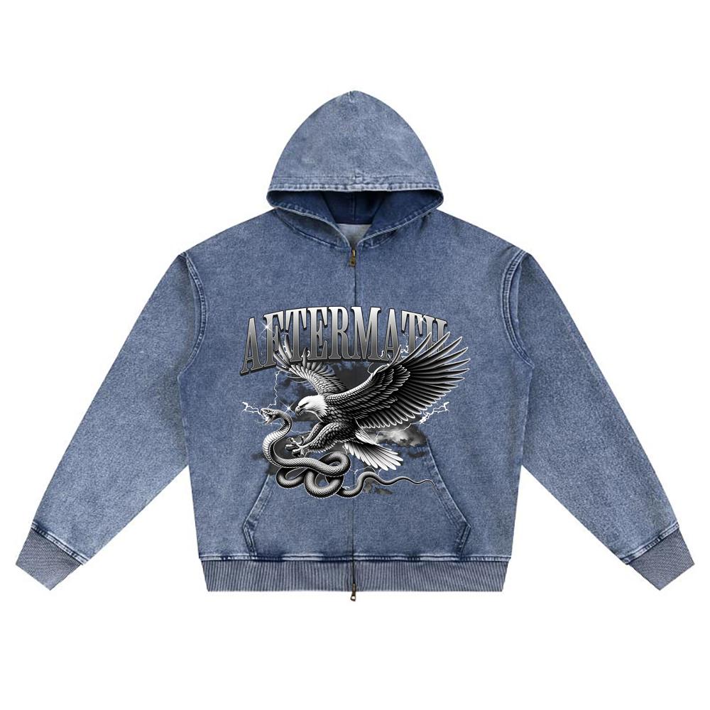 DTG print Knitted Denim Zip-Up Hoodie Aftermath Brother Print Zipper Hoodies