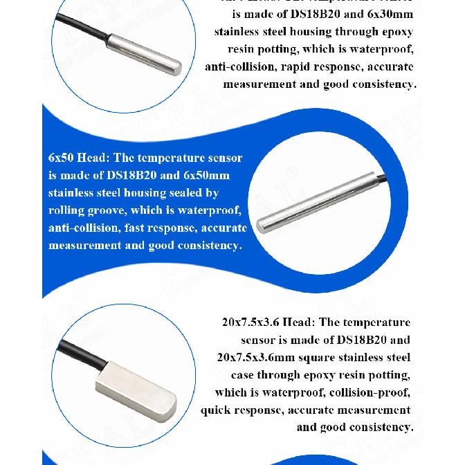 DS18B20 Temperature Sensor Probe 304 Stainless Steel 6*30MM OD 3.0MM Waterproof Dustproof Sensors Cable 1M Length