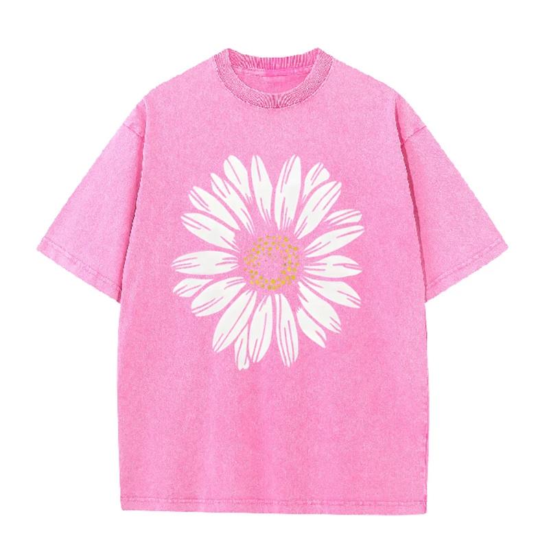 Daisy Flower Print Vintage Washed BlackT Shirt Casual Minimalist Streetwear Tee