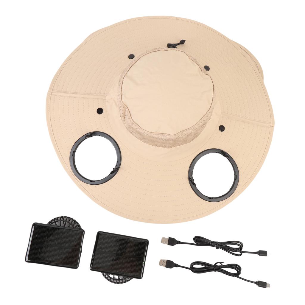 Solar Fan Hat 2 Fan 3 Speed Rechargeable Wide Brim Sun Hat for Outdoor Activities Khaki Color