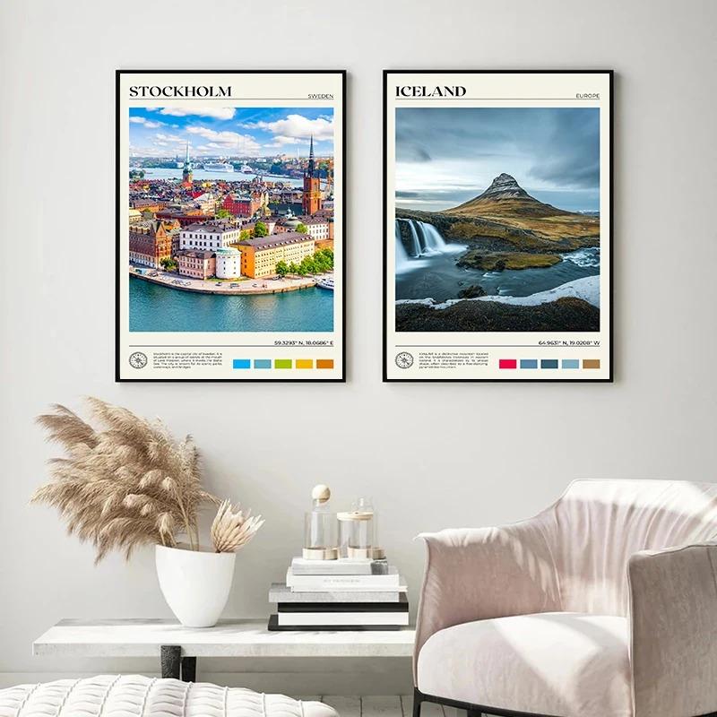 European City Travel Poster Galway North Macedonia Stockholm Iceland Canvas Painting Brussels Wall Art Picture Office Home Decor