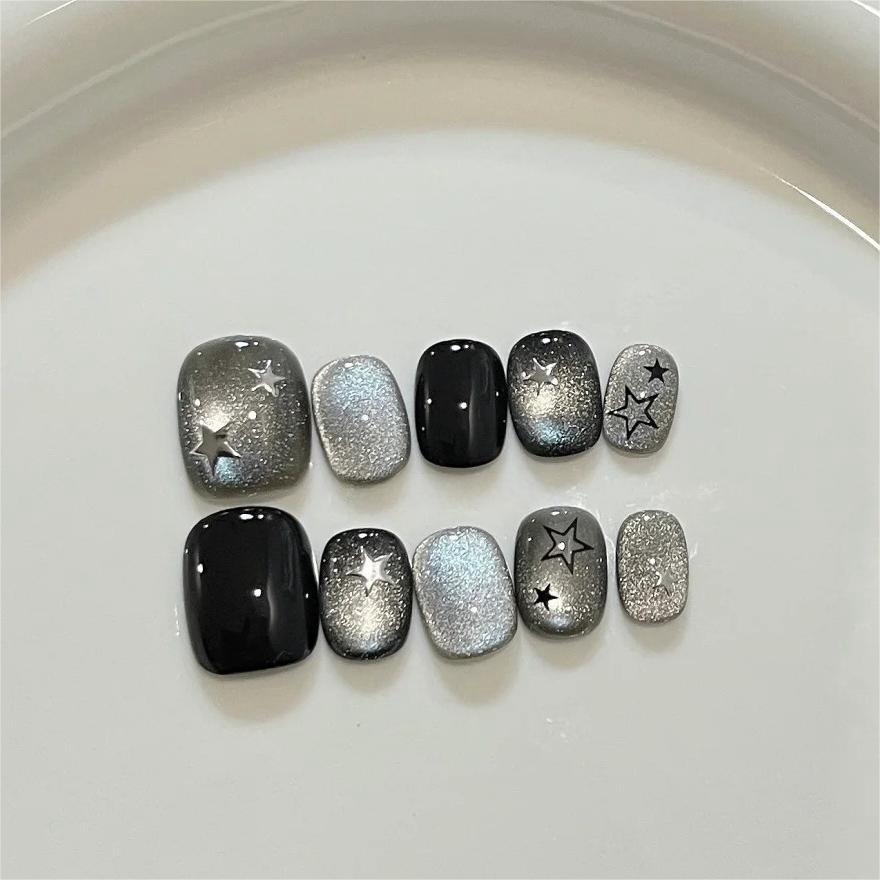 10Pcs Blue Gradient Short Square Round Handmade Press On Nails Gentle French Fake Nails Fashionable Nail Tips