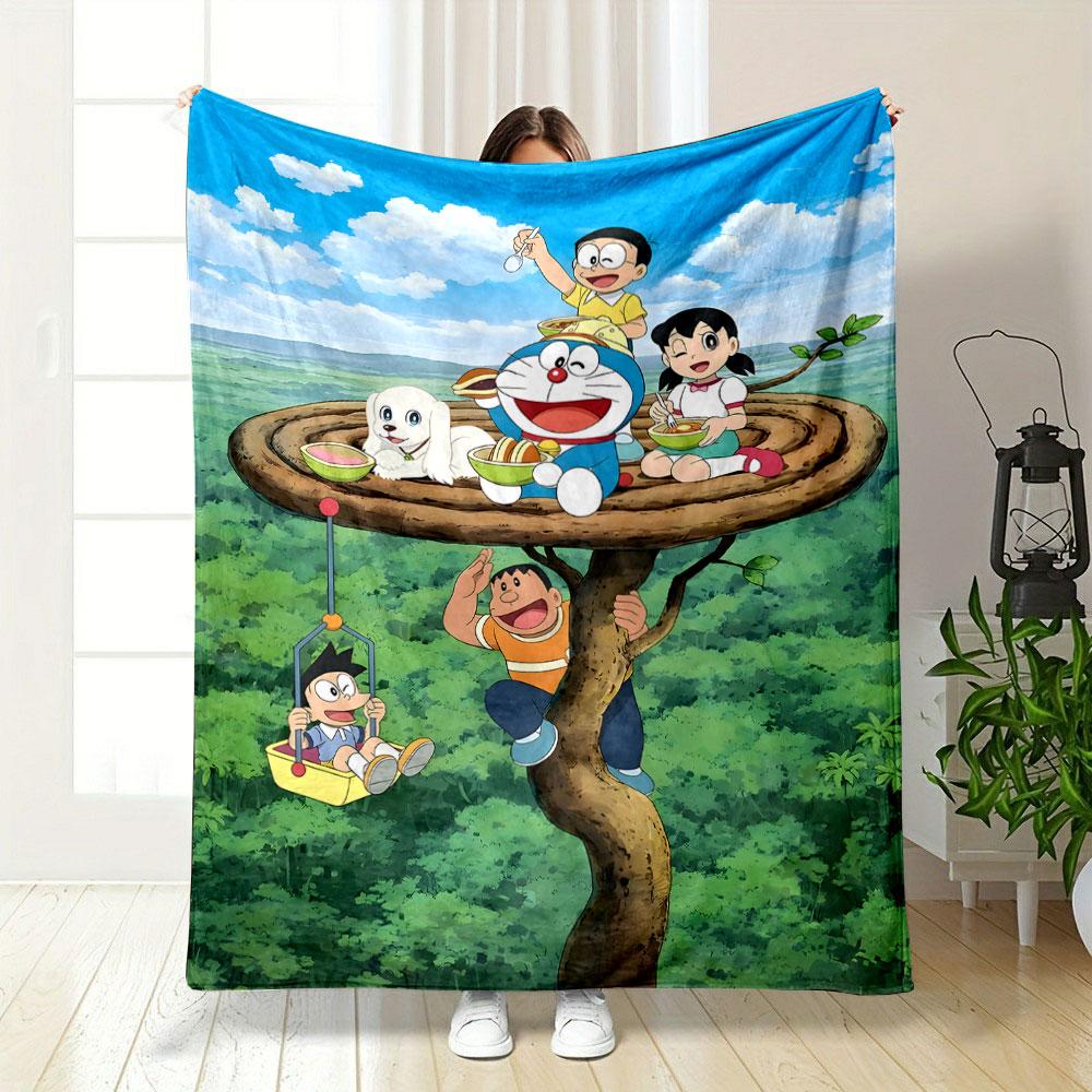 Doraemon and Friends Enjoying Nature Patterned blanket, flannel, suitable for all seasons, home decor, warm and cozy
