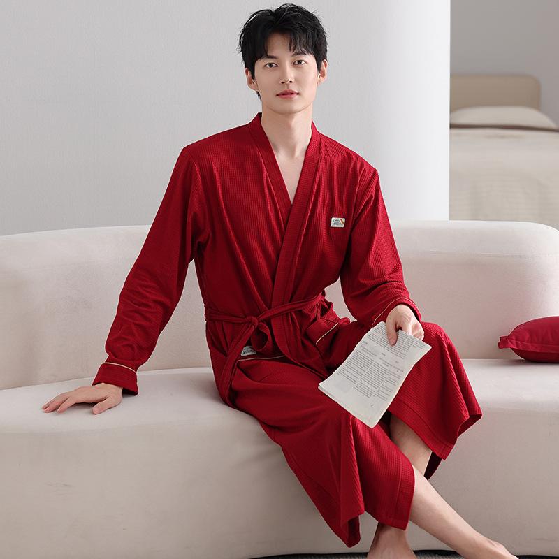 Men'S Pajamas Spring And Autumn Cotton Long-Sleeved Dressing Gown Red Pajamas Men'S Large-Size Bathrobe
