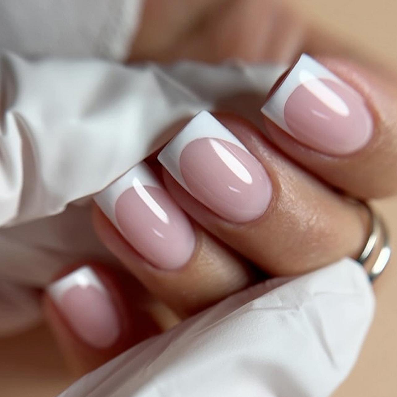 Classic French white edge manicure short European square wearing nail naked powder wearing nail piece finished nails