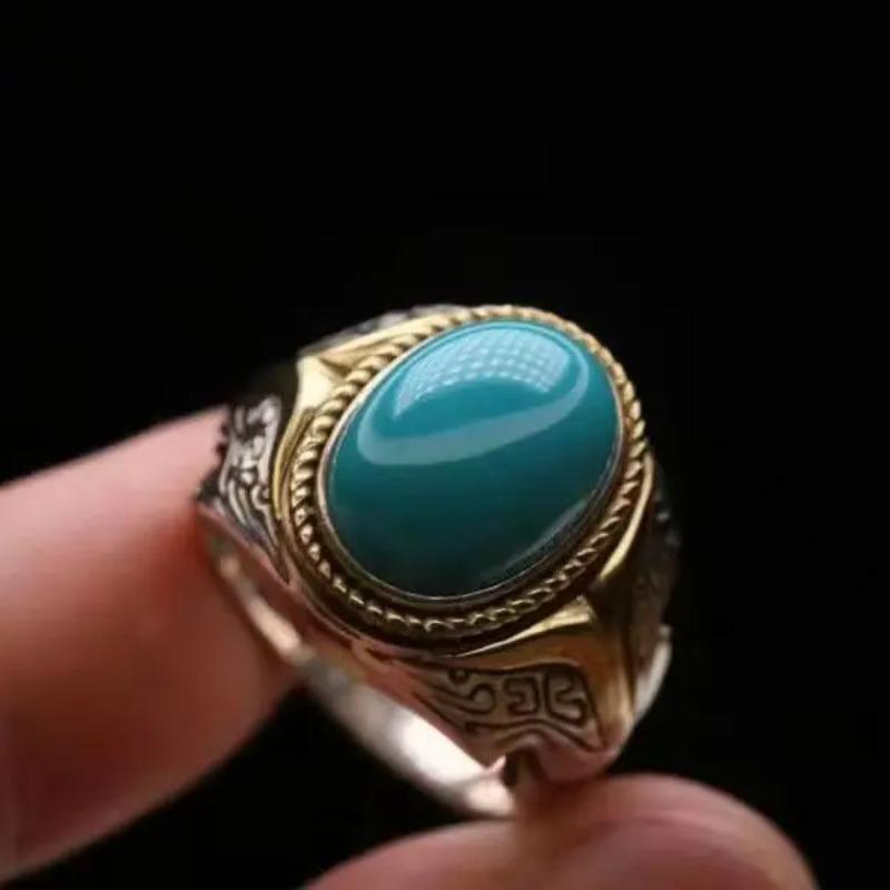 Creative Exquisite Glossy Retro Vintage Ethnic Style Mongolian Turquoise Mens Rings Elliptic Blue Ring Banquet Fine Jewelry