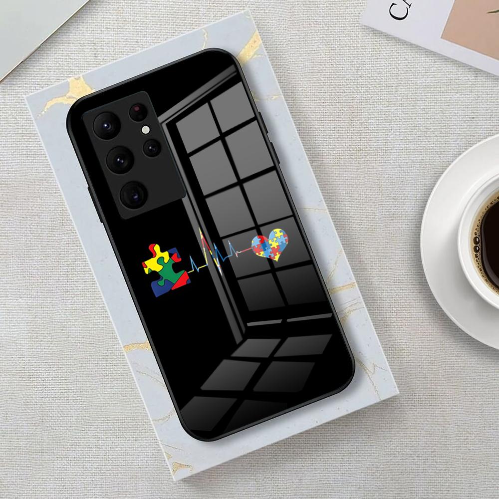 Autism Support Puzzle Phone Case For Samsung S26 S25 Edge Ultra 23 22 21 20 Ultra Plus S24 Fe Glass Cover