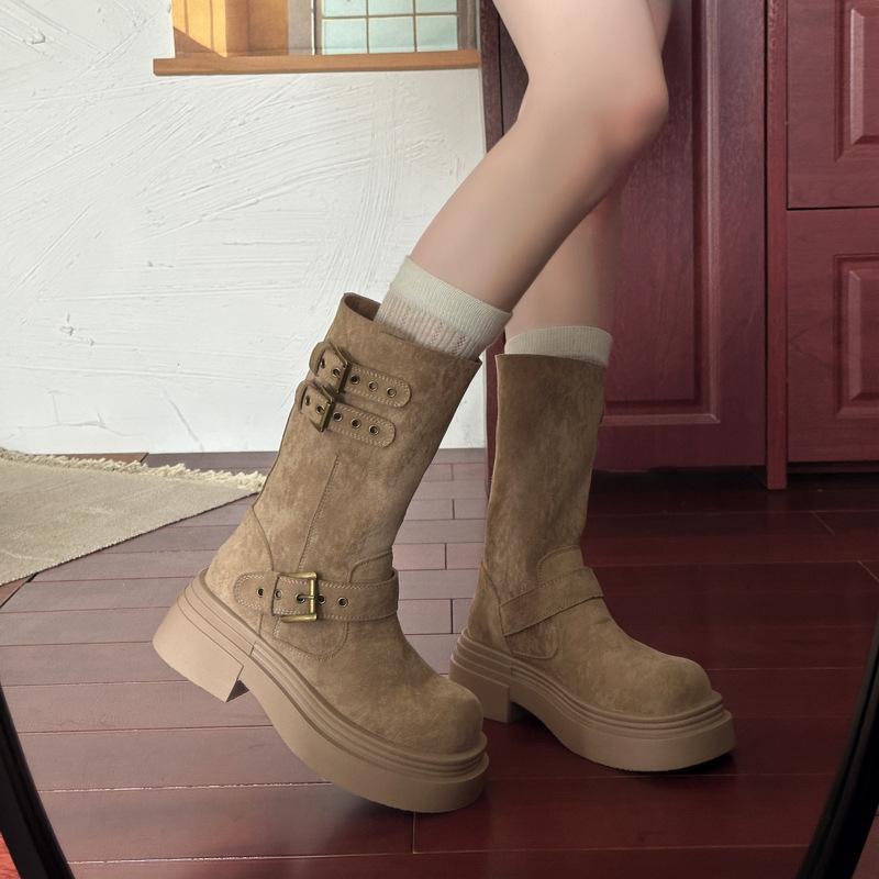 Adjustable Boot Belt Buckle Cowhide Martin Boots 2025 Autumn and Winter Thick Medium Heel Round Head Wide Tube Genuine Leather Medium Boots Children