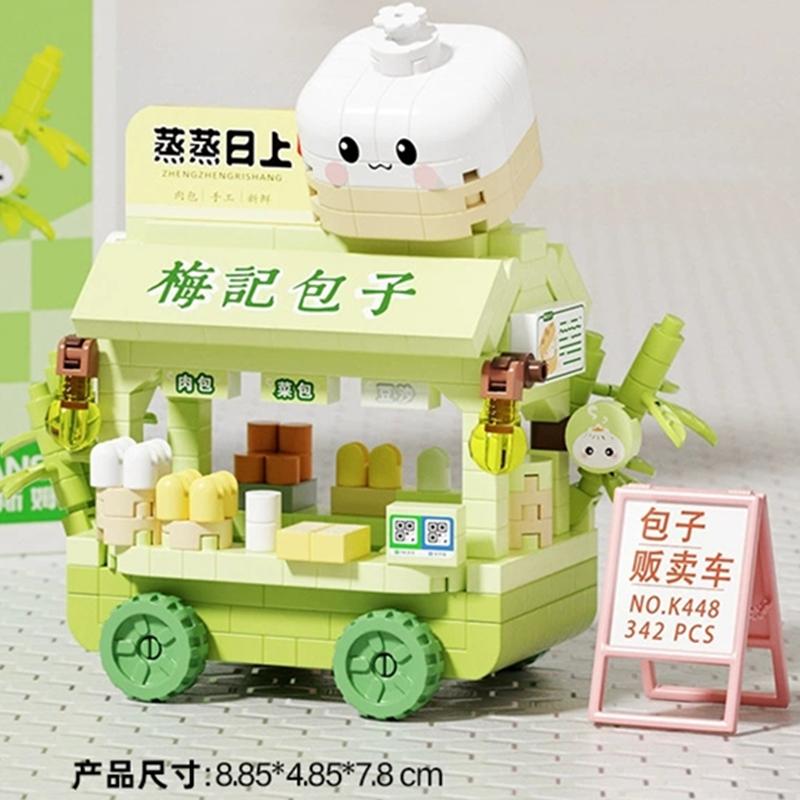 Diy Car Food Hot Dog Cart Truck Ice Cream Store Flower Hamburger Street View Building Blocks Kit Bricks Model Kids Toy Children