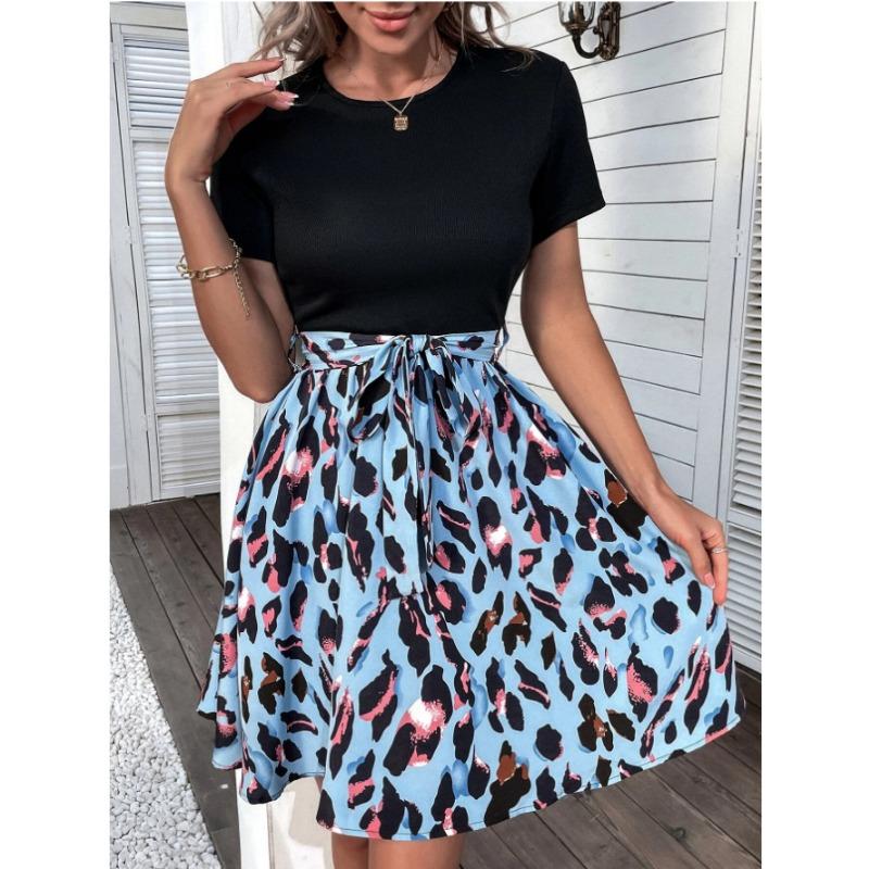 New Fashion Leopard Print Splicing Short Sleeved Dress Elegant O Neck Slim Fit A-line Party Short Dresses Lace-up Elegant Loose Streetwear Clothing