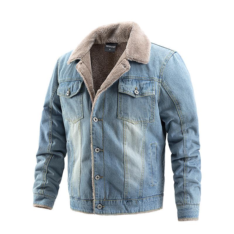 

Men s Denim Jacket New Autumn Winter Windproof Jacket with Plush Insulation Casual Men s Wear Brand Fashion Trend Men s Blazer XXXL светло-синий