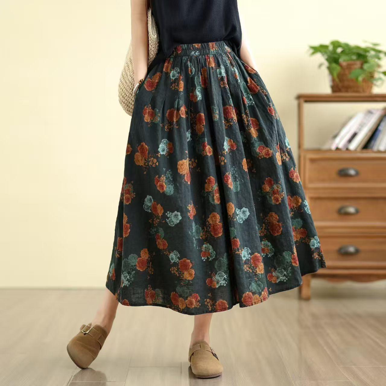 

Johnature Women Vintage Skirts Spring Chinese Style Elastic Waist Print Floral Female A-Line Skirts One Size