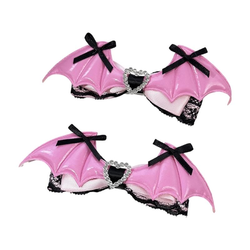 Dark Holiday Hair Barrettes, 1 Pair Halloween Winged Ribbon Design With Heart Detail and Lace Trim for Party Looks
