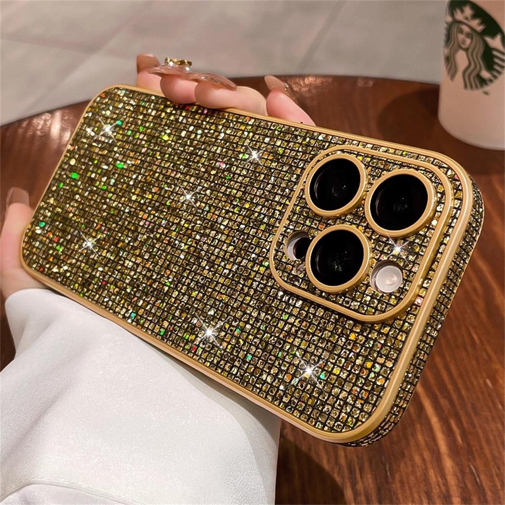 Full Screen Glitter Plaid Sequins Phone Case For iPhone 17 16 15 14 13 12 Pro Max Sparkling Lens Camera Protection Cover