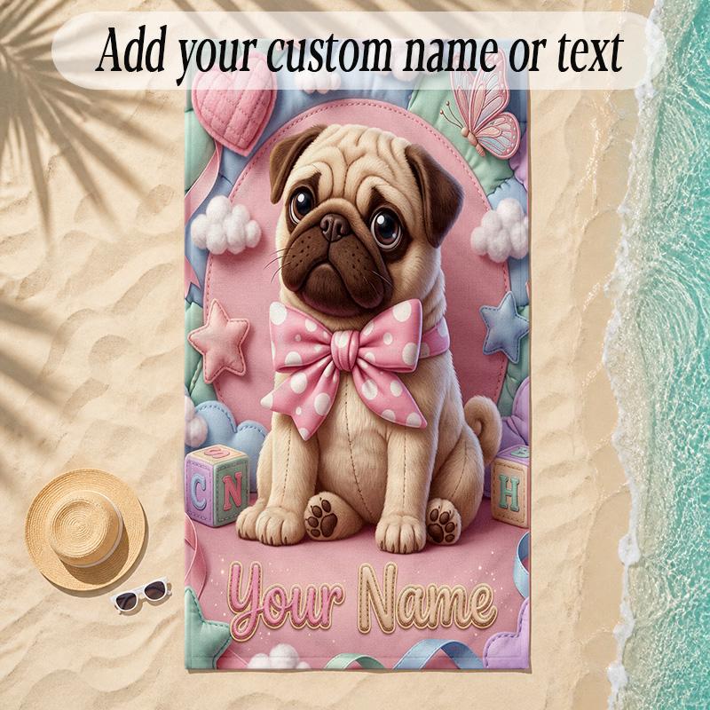 Pug Theme Soft Beach Towel Personalized Custom Name Text Towel Portable for Beach Pool Travel