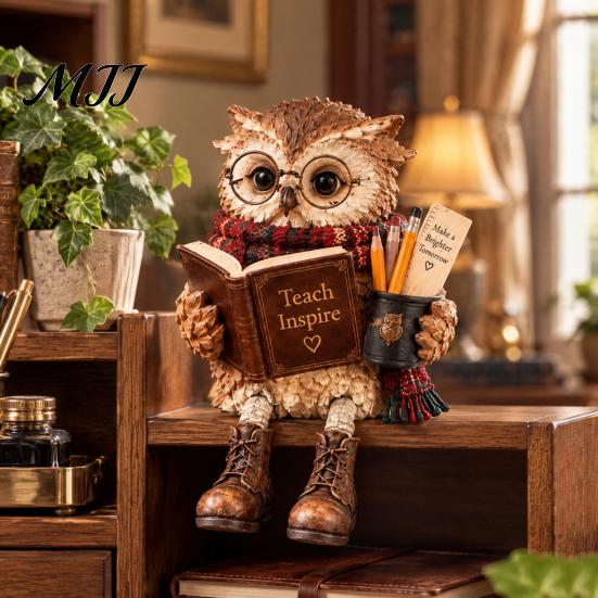 Whimsical Hanging Leg Owl Decor 2Pcs Reading Resin Figurines, Sitting Edge Bookshelf Statue with Glasses Cute Animal Statues for Mantel &