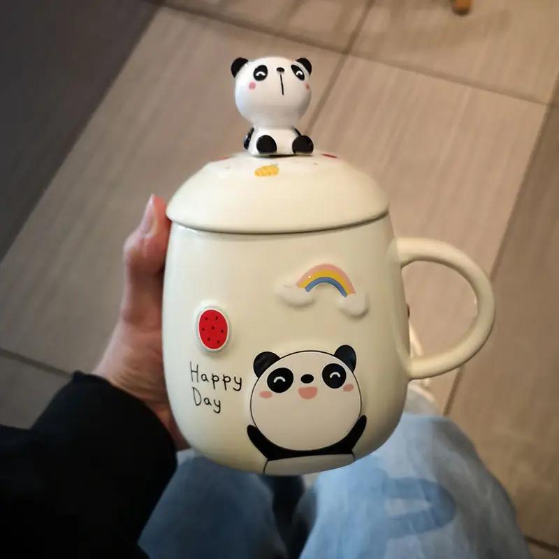

Cartoon Panda Ceramic Mug With Lid Spoon Coffee Tea Cup of Coffee Drinkware Original Breakfast Cups Personalized Gifts Cute Mugs 500ml