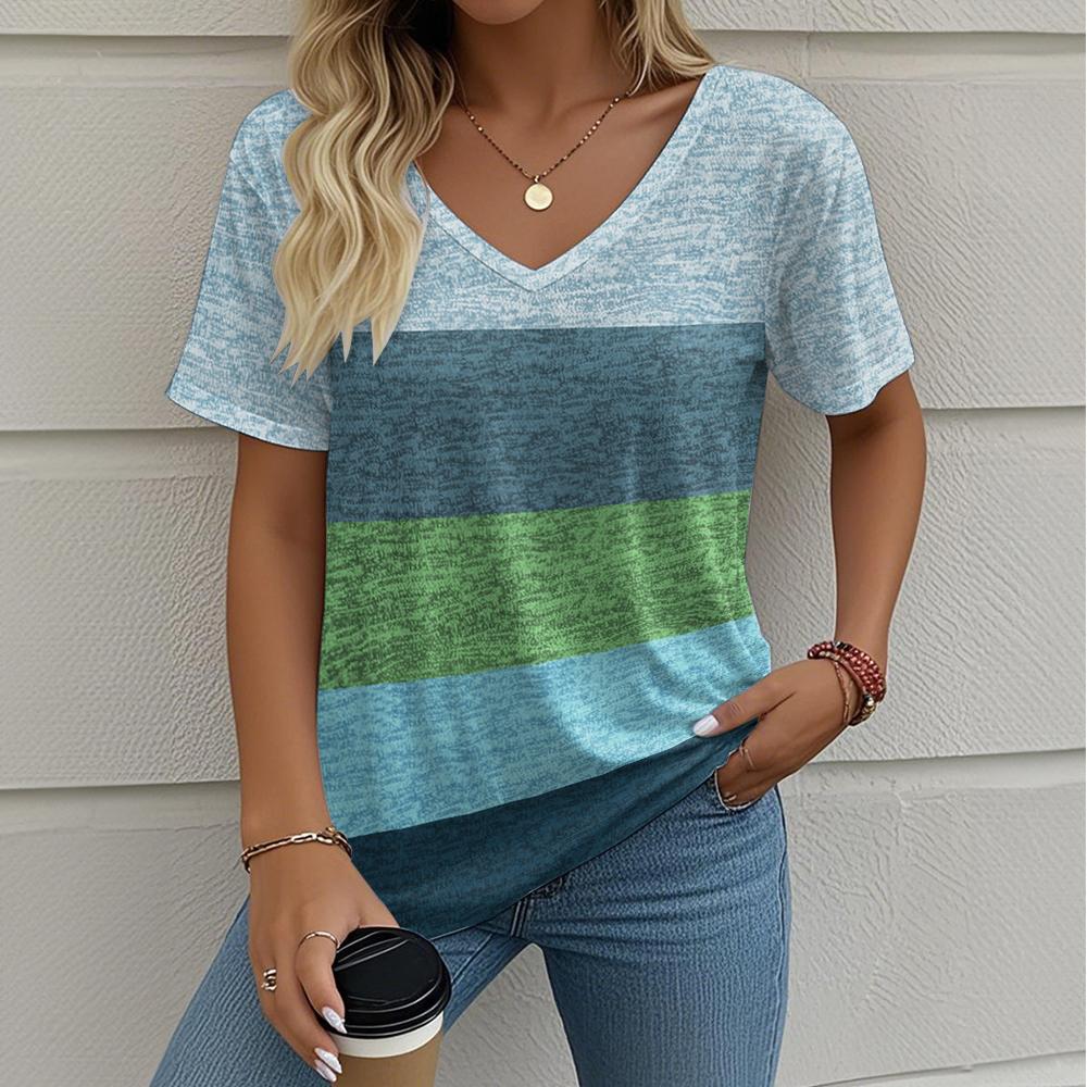 Summer Women's T-Shirt Striped Printing Outdoor Retro Fashion Casual Oversized V-Neck Y2k Short-Sleeved Women's Clothing