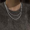 Korean Fever Same Hemp Gray Glass Pearl Necklace Retro Stainless Steel Ingot Buckle Double Pearl Neck Chain