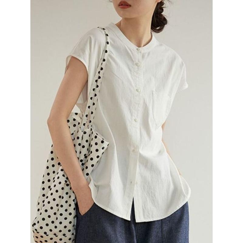 

Женские плечевые прямые рубашки летние без рукавов удобные блузки с карманами японская простая мода женская однотонная одежда S белый