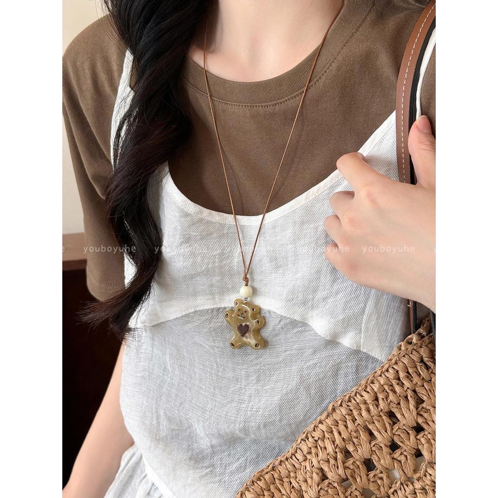 Summer 2025 Women's Cartoon Jelly Heart Bear Pendant Necklace with Braided Rope Design