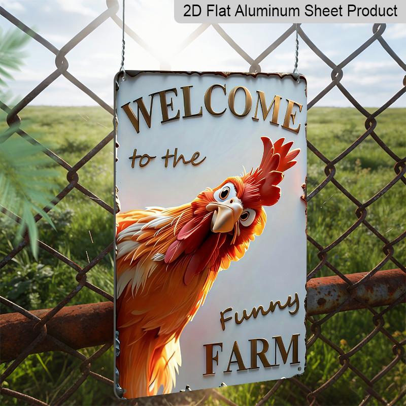 2D Flat - 1pc Holiday Plaque | Wall Mount Welcome To The Funny Farm Cheerful Vibrant Playful Cartoon Chicken Peeking Around Fence Aluminum Signs Wall