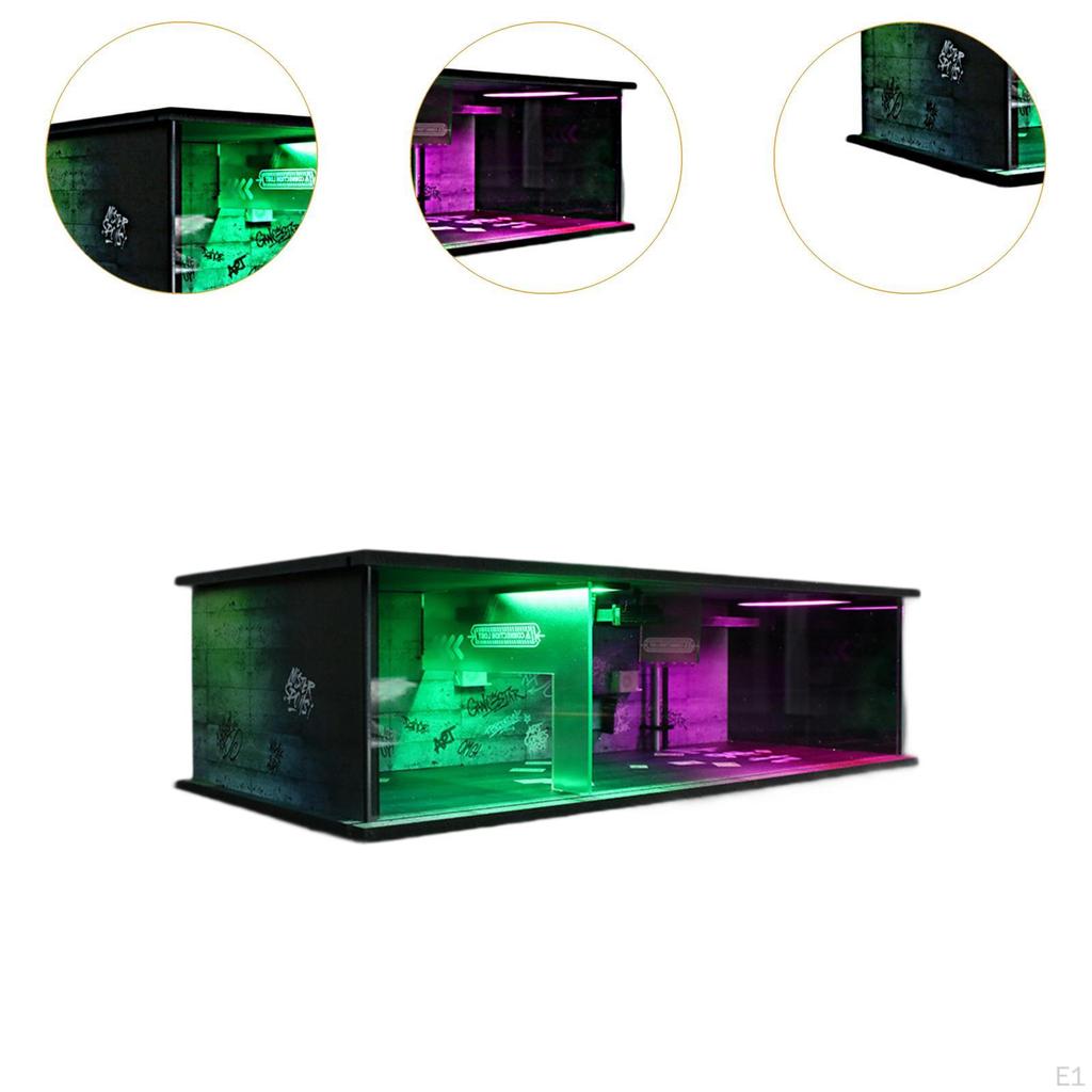 1:Model Garażu Samochodowego w Skali 64 z Gablotą LED, Organizer do Przechowywania, Oświetlony Parking