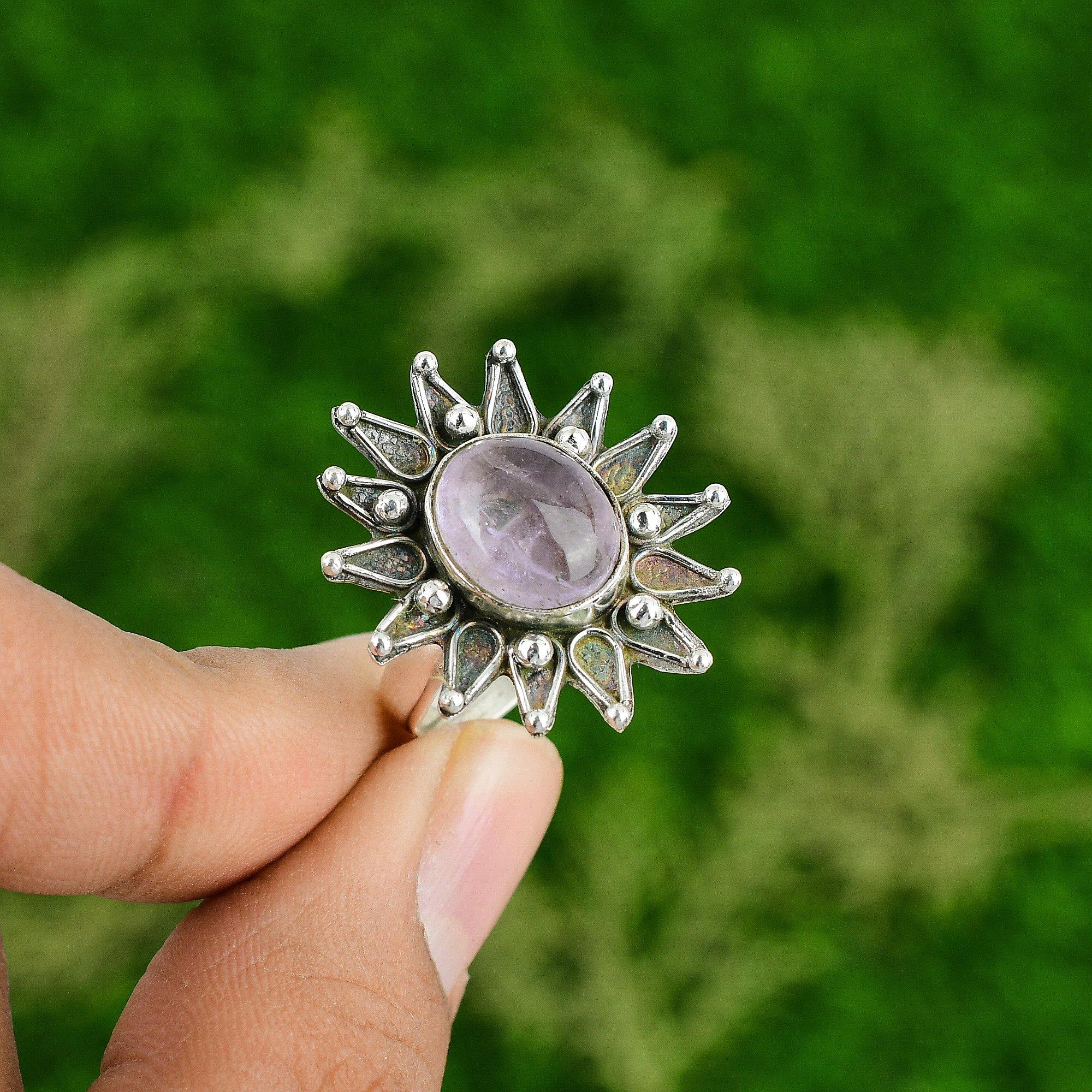 

Африканский Аметист Драгоценный Камень Серебро 925 Проба Кольцо-Заявление Обещания Ручной Работы Новое Кольцо-Цветок Adjustable