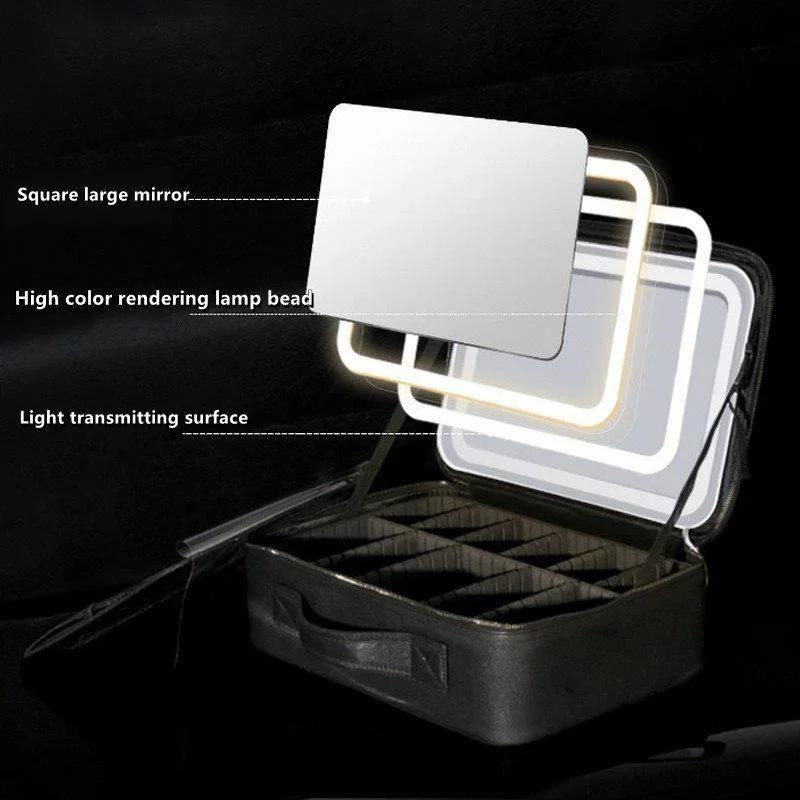 1PC Portable PU Leather Travel Cosmetic Storage Bag LED Mirror Makeup Bag