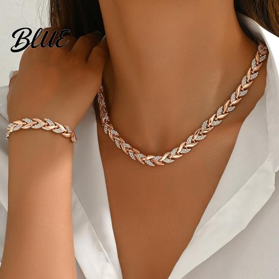 Necklace Bracelet Combo 2Pcs/Set Women Jewelry Set Leaves Shape Rhinestone