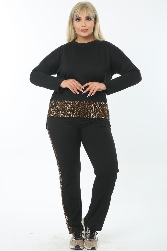 Damenmode Übergröße Trainingsanzug Set Große Größe Baumwolle Schwarz Hose Trainingsanzug Set mit Leopardenbesatz an der Seite und Taille