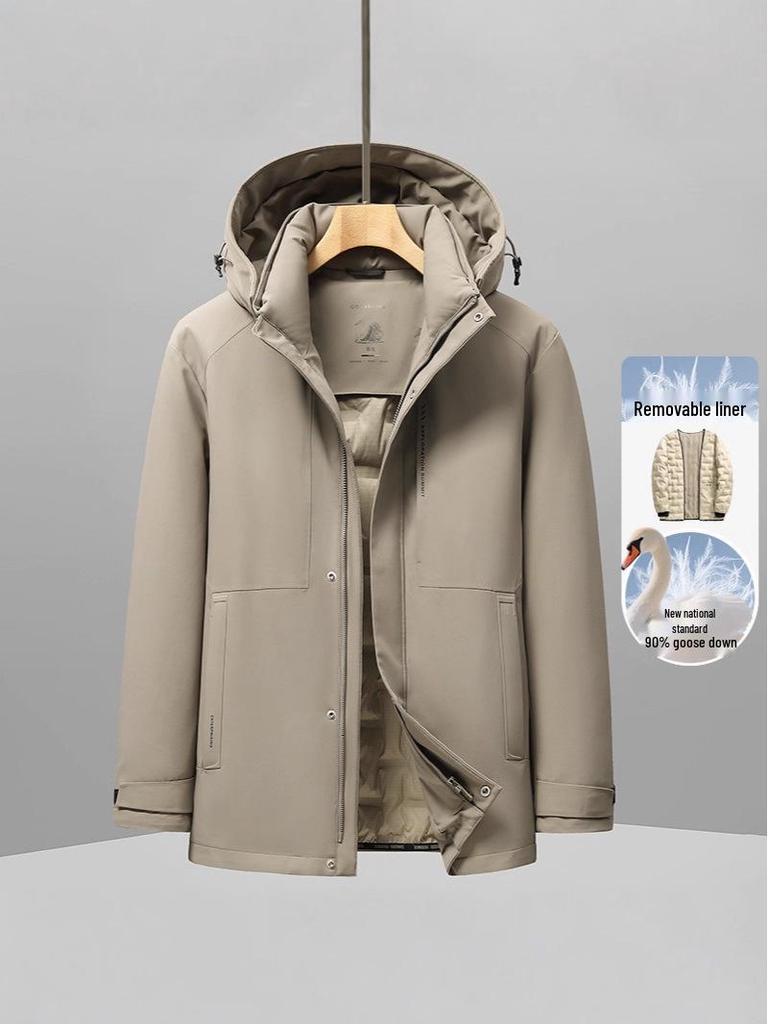 Herren Mittellange Kapuzenjacke aus Gänsedaunen - Neuer Stil, Verdickt, Abnehmbar, Warme Winter Business Casual Oberbekleidung