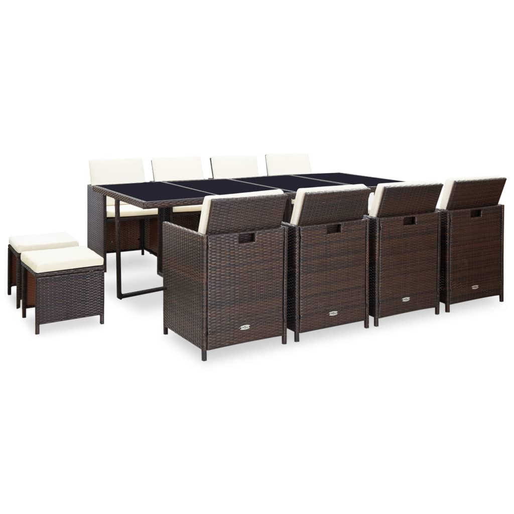 13 Piece Garden Dining Set with Cushions Poly Rattan Brown