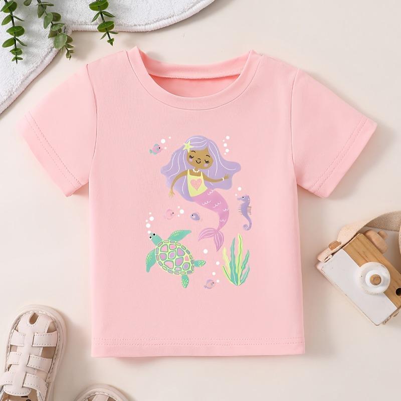 Kids Summer Crew Neck Short Sleeve T-Shirt with Cartoon Mermaid Print