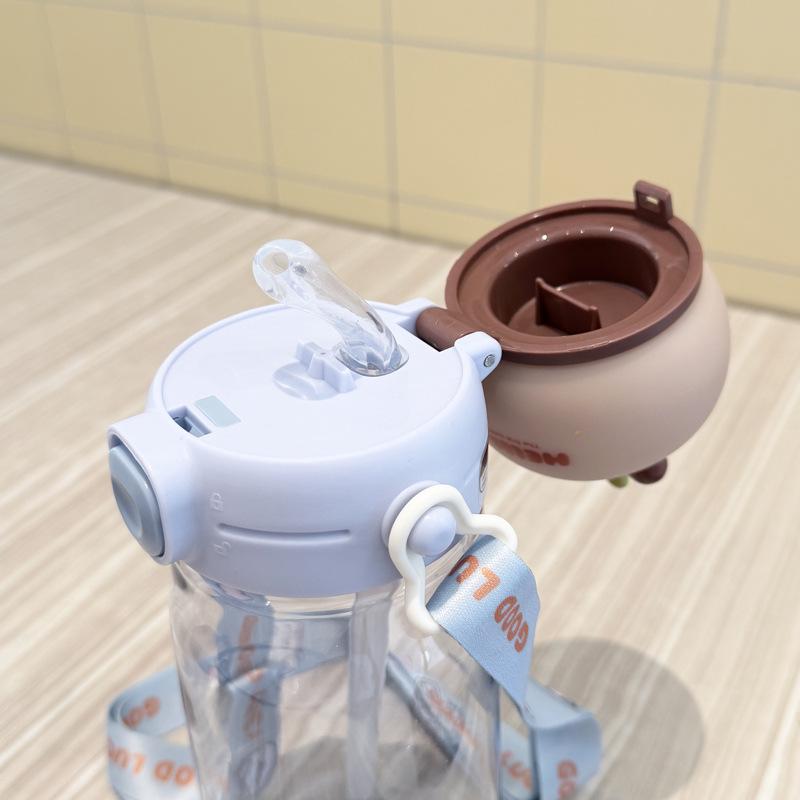 Cartoon Bear Straw Cup: Portable Flip-top Water Bottle with Lanyard