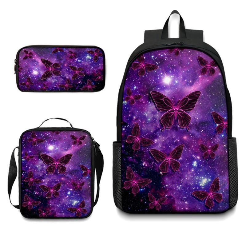 Set Zaino Scolastico con Fantasia Farfalle in Tessuto Oxford Leggero per Studenti Elementari