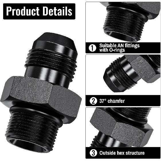 2Pcs 6AN Male to 6AN ORB Male Flare Fitting Adapter with O-Ring, Straight Black Hard Aluminum Hex Anodized Connector, Automotive Accessories Suitable