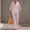 Women Loose Fit Casual Striped Linen Two Piece Set Shirt and Pants Comfortable Relaxed Fit Lightweight Summer Outfit