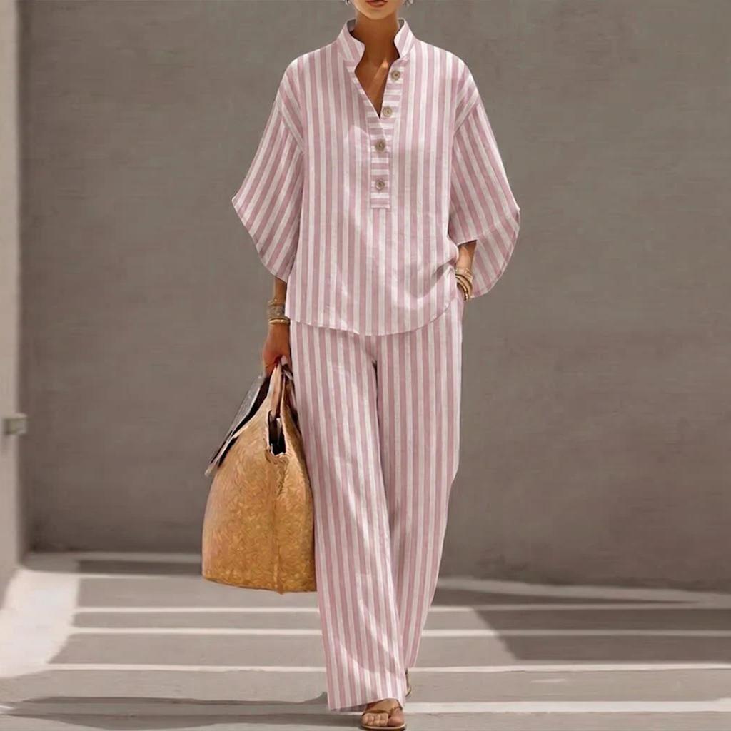 Women Loose Fit Casual Striped Linen Two Piece Set Shirt and Pants Comfortable Relaxed Fit Lightweight Summer Outfit