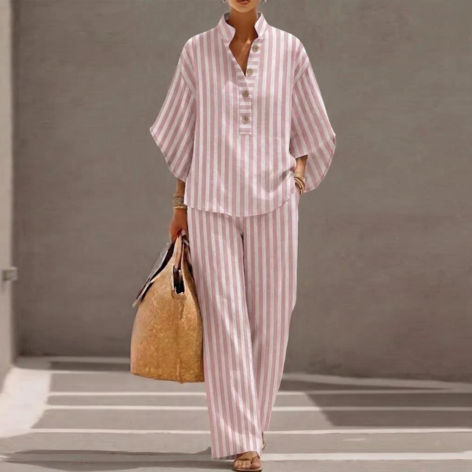 Women Loose Fit Casual Striped Linen Two Piece Set Shirt and Pants Comfortable Relaxed Fit Lightweight Summer Outfit S розовый