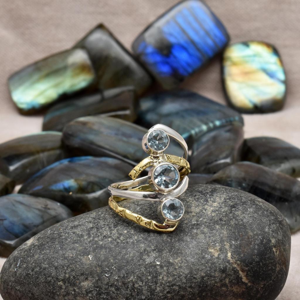 Natural Blue Topaz Three Stone Eye Shape Ring 925 Sterling Silver Two Tone Bypass Ring For Women & Girls